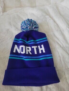 Pom Beanie Hat - Blue with Teal Stripes Askov Finlayson Logo NORTH made In USA